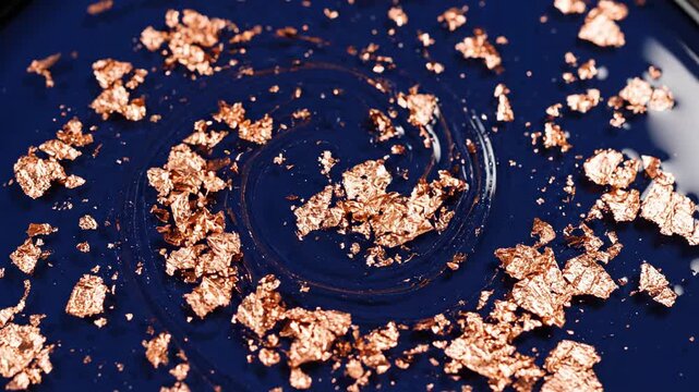 Abstract swirling fluid blue liquid with glittering copper gold flakes and shiny metallic foil texture