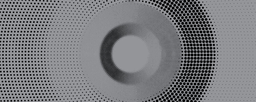 Black radial halftone circles. Dotted sound wave rings. Stippled epicenter, target, radar icon concept. Ripple concentric signal vibration element. Vector round dashed and dotted