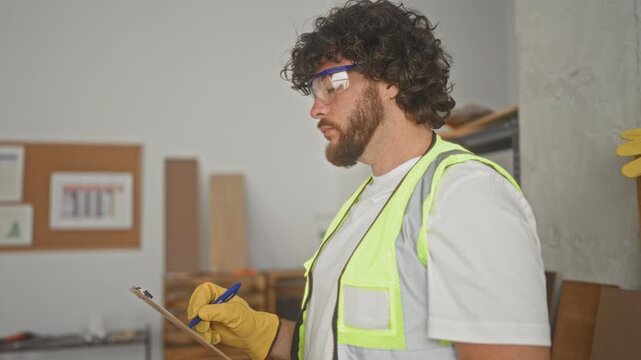 Man wearing hi vis vest and safety goggles writes on clipboard with yellow gloved hand while inspecting wood panels in building; safety focus.