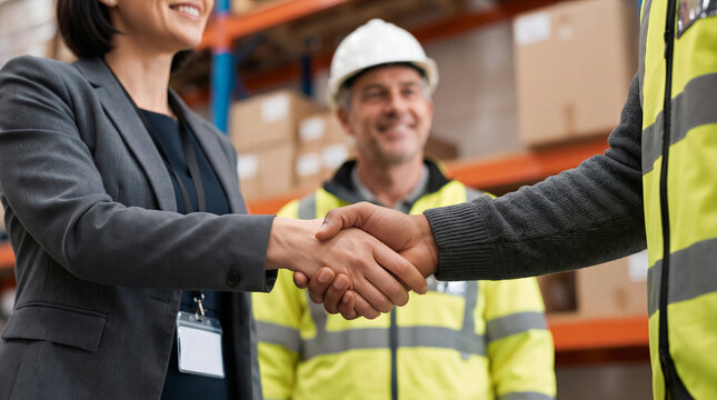 Businesswoman and warehouse worker shaking hands, sealing a successful partnership in a logistics center