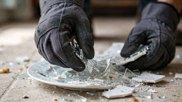Thick cut resistant gloves picking up sharp shattered glass pieces from broken plate on kitchen floor