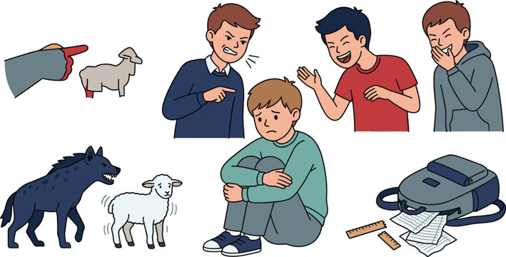 School Bullying and Harassment Vector Character Set with Sad Boy Mocked by Classmates Scared Lamb Scapegoat and Damaged Backpack Concepts for Social Psychological Designs