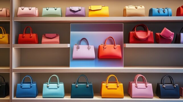 Colorful leather handbags displayed on shelves in a boutique store
