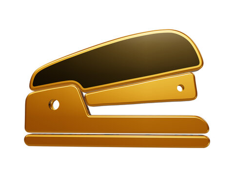 Stapler icon black and gold, isolated office tool symbol for binding paper and document organization.