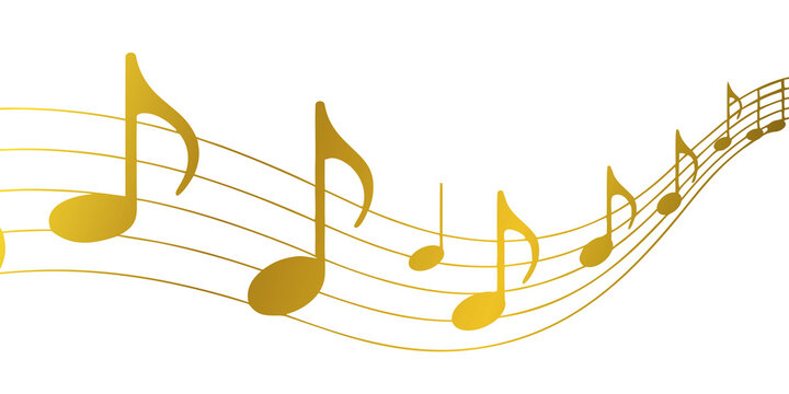 Golden musical notes flow across elegant staff lines. Abstract melody design creates a graceful rhythm for music backgrounds. Isolated gold symbols add a refined creative touch on white.
