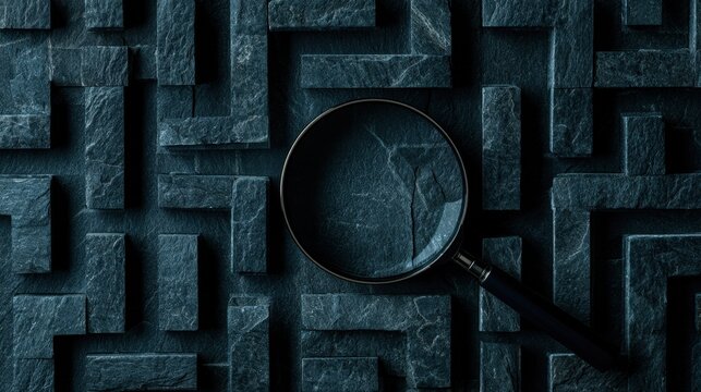 Close-up of black magnifying glass examining dark textured stone maze with deep shadows and geometric pattern background in low light ambiance