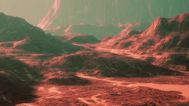 A red rocky terrain extends across the scene with unrolling hills and large rock formations. A green sky looms overhead, creating a unique atmosphere across the landscape.