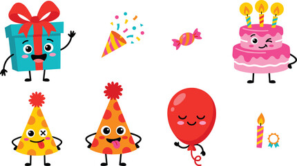 Fototapeta premium Cute Birthday Party Mascot Icon Set with Animated Gift Box, Cake, Balloon, Hat Characters, and Celebration Elements Flat Vector Illustration