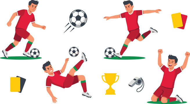 Male Soccer Player Character Set in Red Uniform Kicking Ball, Dribbling, Scoring, and Celebrating with Trophy and Referee Card Icons Vector Illustration