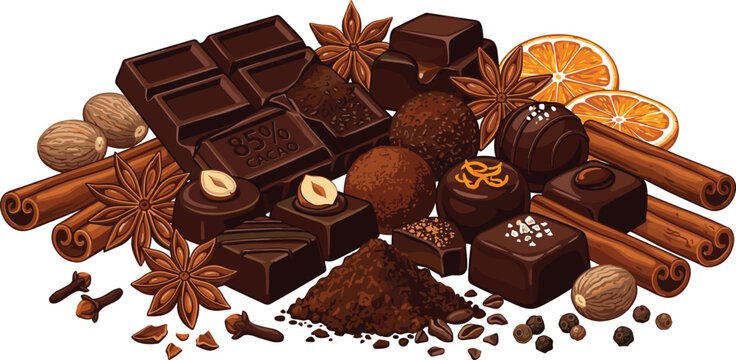 Dark Chocolate Pralines and Bars Vector Illustration with Cinnamon Star Anise Nutmeg Orange Slices and Cocoa Powder for Gourmet Dessert Designs