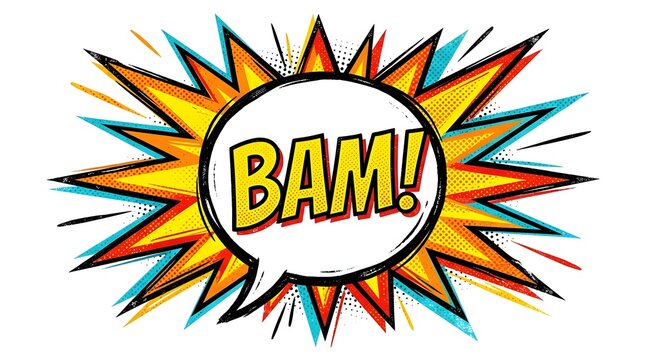 Comic starburst speech bubble with bold yellow bam text surrounded by multi colored spikes.