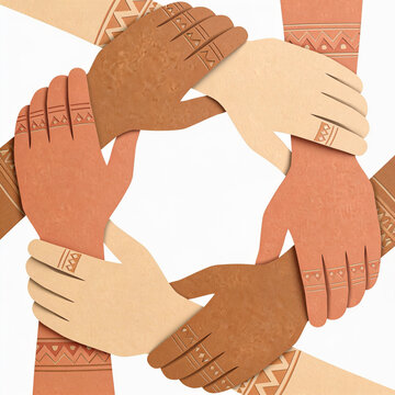 Different skin toned hands interlocking in a circle represent diverse global community and support.