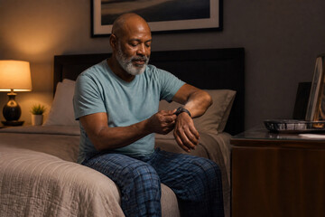 Fototapeta premium Older Man Removing Smartwatch Before Sleep in Environmental View