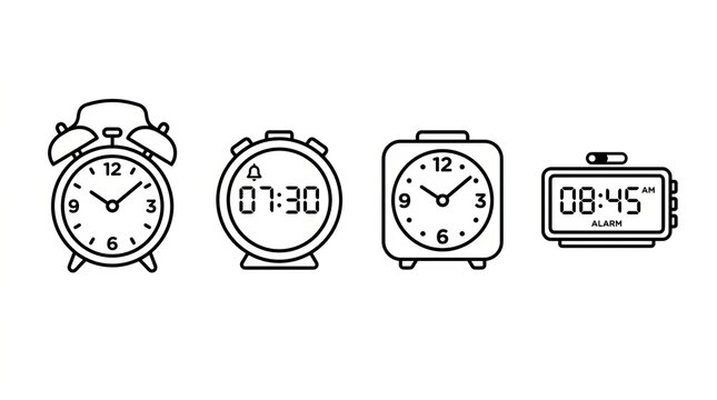 Clock icons set showing different times in a minimalist design.
