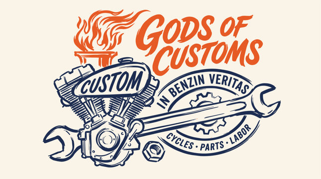 Custom motorcycle engine vintage illustration. Garage repair workshop badge with wrench and flames. Retro biker culture graphic for t shirt print design. Hand drawn v twin motor part apparel art.
