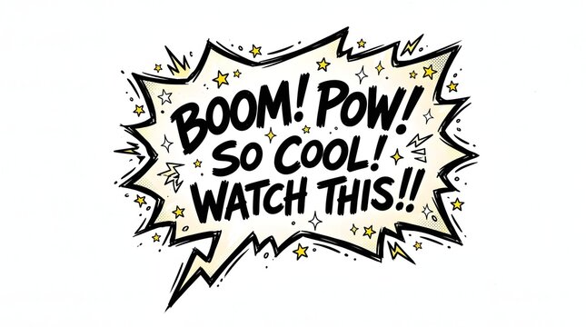 Comic speech bubble containing bold lettering that expresses energetic sound effects and excited dialogue against a clean white background.