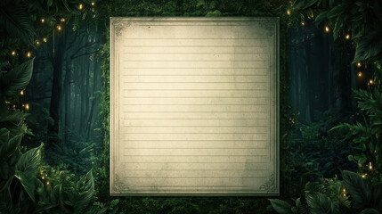 Naklejka premium Vintage lined paper with ornate border centered in lush green forest, surrounded by glowing fairy lights and dense foliage, magical atmosphere