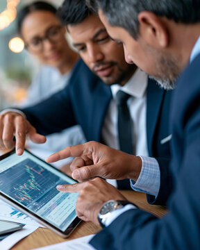 Three professionals analyze financial charts on a tablet. Focused expressions suggest collaboration and strategy. They lean closely, showing teamwork in business decisions