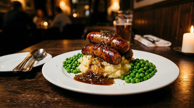 Classic British bangers and mash with rich onion gravy and peas
