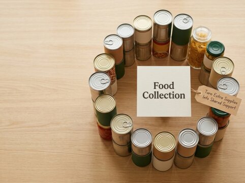 High-angle view of assorted canned foods and jars neatly arranged in a circular pattern on a wooden table, centered with a Food Collection sign and a support message tag on the side.