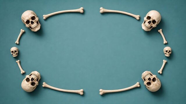 A creative frame made of human skulls and bones arranged on a solid dark blue background for halloween decoration
