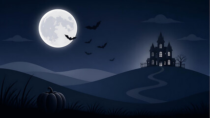Fototapeta premium Spooky haunted mansion on a hill with full moon and flying bats for Halloween background