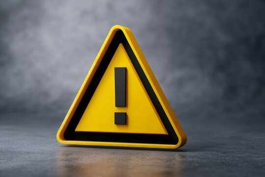 warning sign. concept of alert and caution. Yellow triangular warning sign with black exclamation mark on gray textured surface, safety symbol for caution