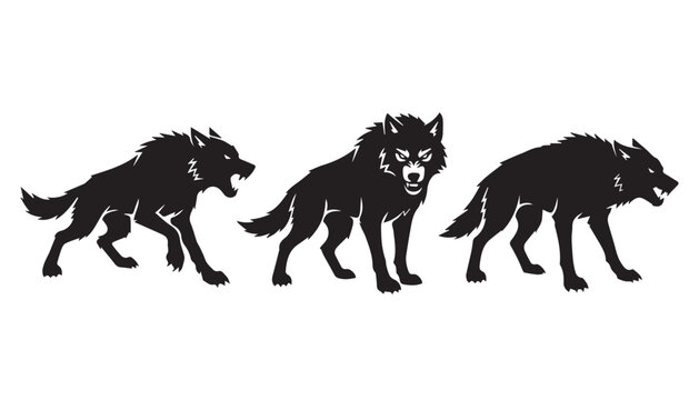 black color silhouette set of three Angry wolf vector illustration, solid white background