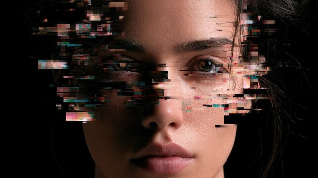 Close-up portrait of young woman face with digital glitch effect overlay symbolizing cyber disruption and technology distortion in dark background