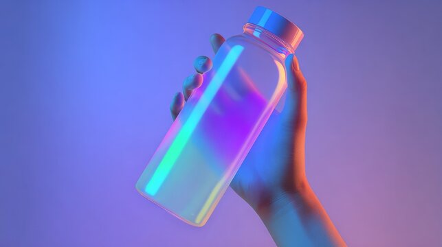 concept of concept of digital identity. Gen Z. Transparent water bottle held in hand with colorful lighting effects against a gradient background