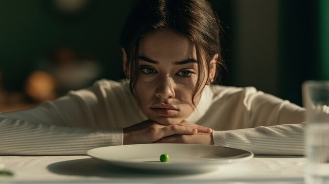 Young woman resting head on hands looking thoughtfully at single green pea on white plate during dimly lit dinner at home feeling lonely and contemplative
