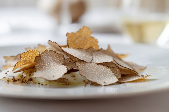 truffle luxury cuisine concept. Gourmet dish featuring thinly sliced truffles atop creamy base with garnishes, elegantly presented on white plate