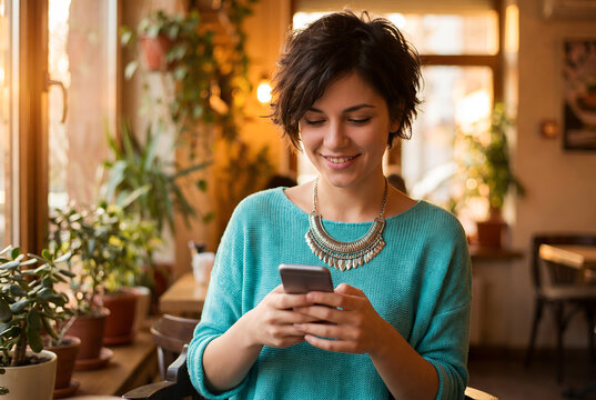 Young woman in turquoise sweater texting on smartphone indoors