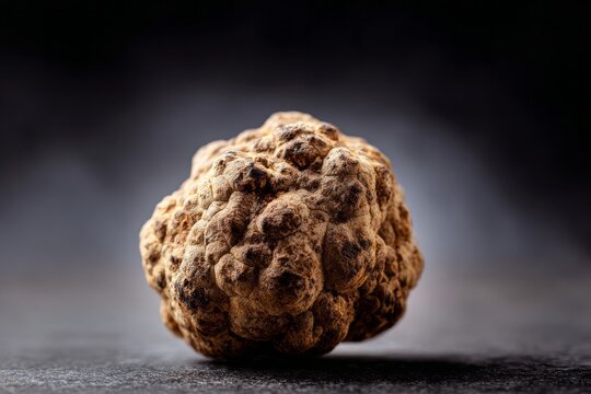 truffle. luxury gourmet ingredient. Close-up of a textured, irregularly shaped truffle on a dark background, showcasing its unique surface details and earthy tones