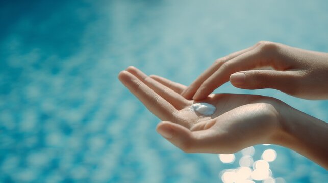 Gen Z . sun protection and summer care. Close-up of female hands applying moisturizing cream by poolside with blurred water background and sunlight reflections