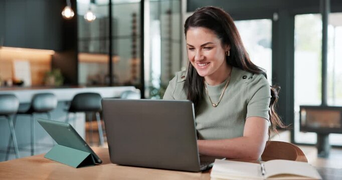 Remote work, smile or woman in home with laptop, project review or email feedback on creative pitch. WFH, happy and marketing expert with tech, report update and proposal draft on brand campaign.