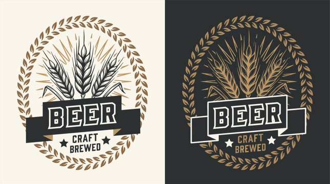 Vintage craft beer logo design. Retro brewery label with wheat stalks. Hand drawn barley grain illustration. Rustic brewery emblem for t shirt print.