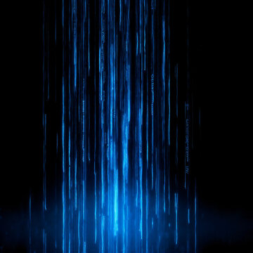 glowing blue light vertical falling lines abstract binary landscape matrix code stark black background smooth gradients