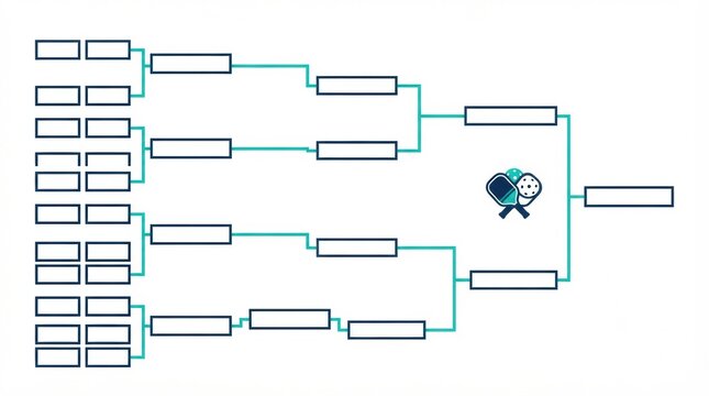 Brackets display match pairings and progress for a pickleball tournament. Players compete at a sports venue over several rounds.