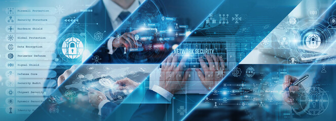 Infrastructure defense systems. Certified security engineers deploying advanced firewalls and encryption protocols to protect data moving across the global business network. Secure corporate cloud. © CyberFrame