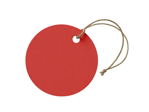 Isolated red circular blank paper price tag with rustic twine string hanging for sales and discounts transparent background