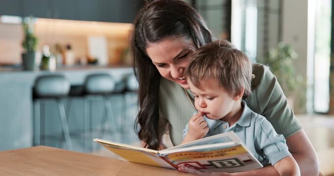 Mother, child and reading book in house with smile, bonding together and education for development. Happy, woman and talk in apartment with son, storytelling and parent support for knowledge growth.