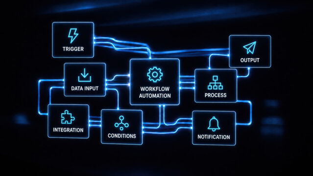Workflow automation logic diagram showing digital process integration and system data input conditions on a dark network interface.