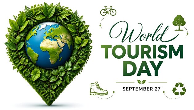 World Tourism Day eco banner with green leaf globe pin on white background
