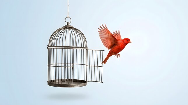 Red bird escaping open cage represents freedom and new beginnings