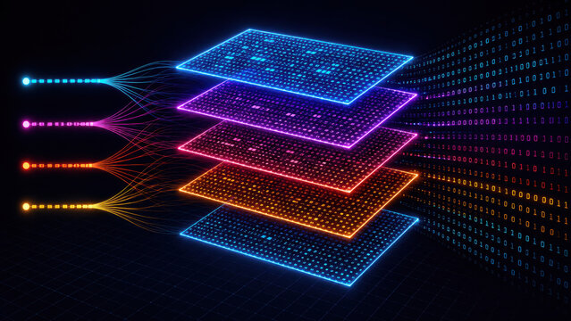 Digital data server stack processing binary code streams representing complex database architecture and cloud computing infrastructure.