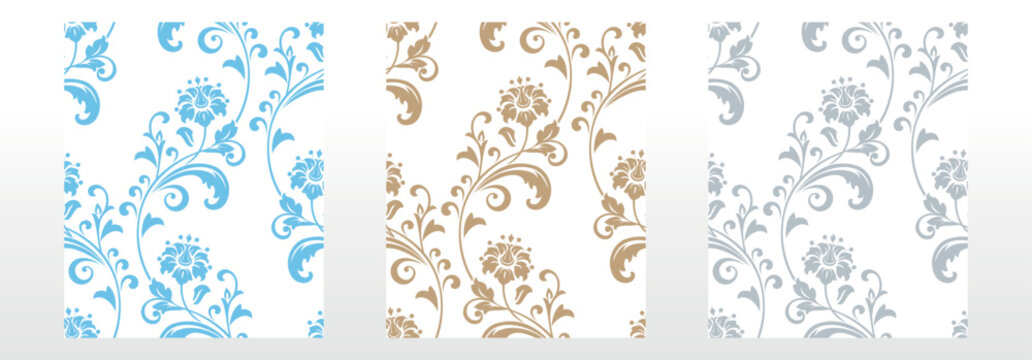Collection of flower patterns. Seamless vector backgrounds. Colored ornaments. Ornament for fabric, wallpaper, packaging. Decorative prints