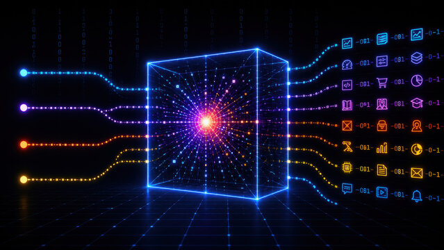 Software API integration hub converting network data streams into diverse technology application icons and digital services.