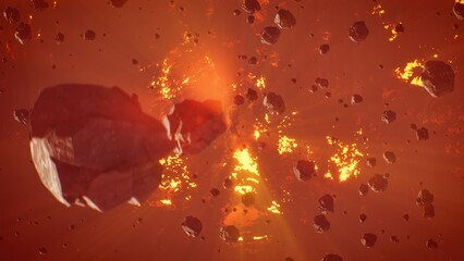 Asteroid field floating over fiery burning planet in deep space background. 3d rendering. © SohubProduction