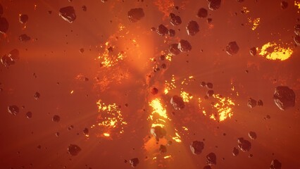Apocalyptic space concept, Asteroid meteor falling over burning volcanic planet. 3d rendering. © SohubProduction